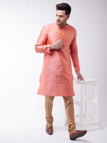 Image of VASTRAMAY VM Mens Silk Blend Kurta - Timeless Elegance for Festivals & Events | Banarasi Cotton with Silk Dobby Jacquard Mandarin Collar Full Sleeves Kurta with a Contrast Piping