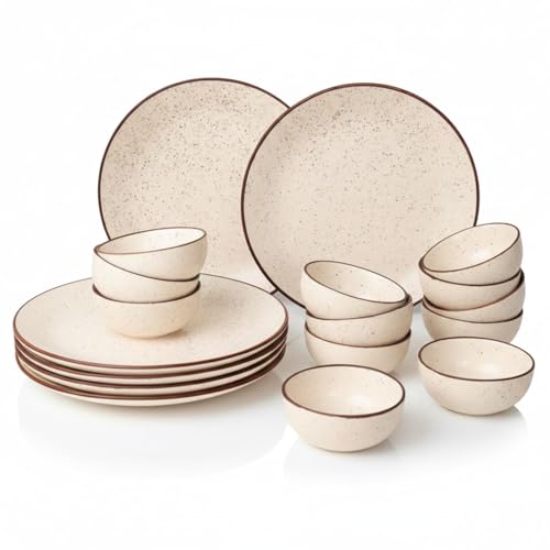 Image of Freakway Ceramic Dinner Set, 18 Pieces, Handcrafted Speckled Matte Finish, Microwave and Dishwasher Safe