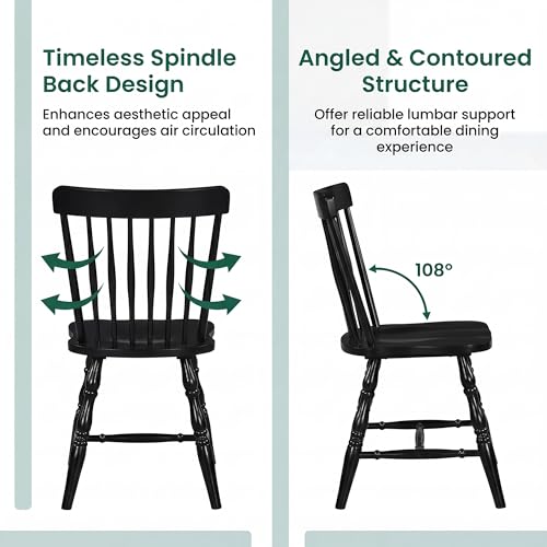 Image of COSTWAY Windsor Chairs Set of 4, Armless Solid Wood Dining Chairs with Spindle Backs, Mid-Century Modern Kitchen Side Chair for Dining Room, Kitchen, Small Space (Black)