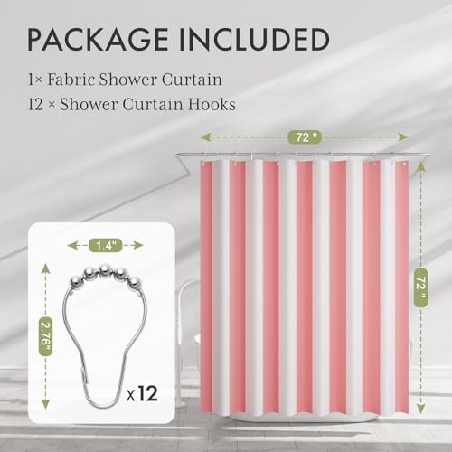 Image of AmazerBath Pink Vertical Stripes Shower Curtain, Cute Pink Stripe Bathroom Shower Curtain with 12 Shower Curtain Hooks, Rustic Fabric Pink and White, 72x72 Inches