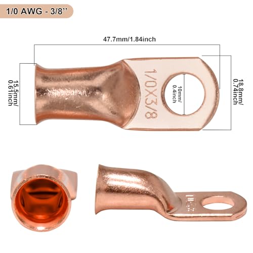 Image of iGreely 1 /0 AWG Battery Cable,Flexible 1 /0 Gauge Wire Copper Welding Battery Power Inverter Cables with 3 /8'' Lugs for Automotive Solar Trolling Motorcycle RV Marine Boat (Red + Black 1FT Pair)