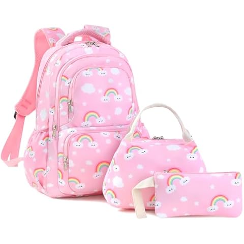 Unineovo School Backpack for Girls, Rainbow School Backpack for Girls with Lunch Box Pen Case 3 Pcs Set, Pink Backpack Kindergarten Elementary Rainbow School Book Bag for Teen Girls Cover