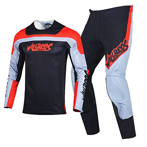 Willbros Combinaison de Pantalon en Maillot de Motocross Offroad Vélo hors Route MX Ensemble Hommes Adultes Noir Gris Rouge (Jersey M Pants 32)