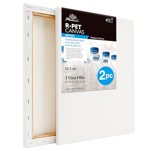 PHOENIX Polyster Stretched Canvas for Painting - 11x14 Inch 2 Pack Poly Canvas Made from 100% Recycled Plastic Bottles - 12.3 Oz. Heavy Duty Blank Painting Canvases for Oil, Acrylic
