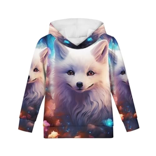 Allhaitong Boys Girls Hoodies White Fox Print Cute Loose Long Sleeve Pockets Pullover Athletic Youth Sweatshirt