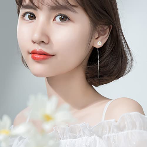 SLUYNZ 925 Sterling Silver Daisy Flower Earrings Dangle Chain for Women Teen Girls Flower Long Dangle Threader Earrings Tassel3