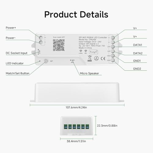 BTF-LIGHTING 2.4G WiFi SPI RGBW LED Controller DR04W Support RF Remote Control Tuya APP/Smart Life Control Alexa/Google Home Voice Control for SMD FCOB SK6812 WS2814 etc RGBW LED Strips - Image 2