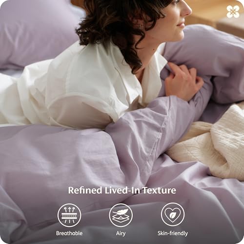 Image of Bedsure 100% Washed Cotton Duvet Cover Queen Size - Lavender Minimalist Bedding Set Linen Like - PureWoven Plain Simple & Soft Comforter Cover for All Seasons (Lavender, Queen, 90 inchx90 inch)
