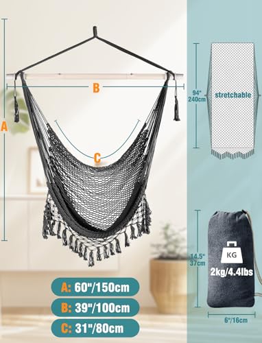 Image of Chihee Hammock Chair Handmade Woven Mesh Hanging Seat Metal Spreader Bar | Cotton Blended Rope Hanging Chair Ventilated Soft-Spun Large Stretch Hammock Swing, Elegant Macrame Indoor Outdoor Garden