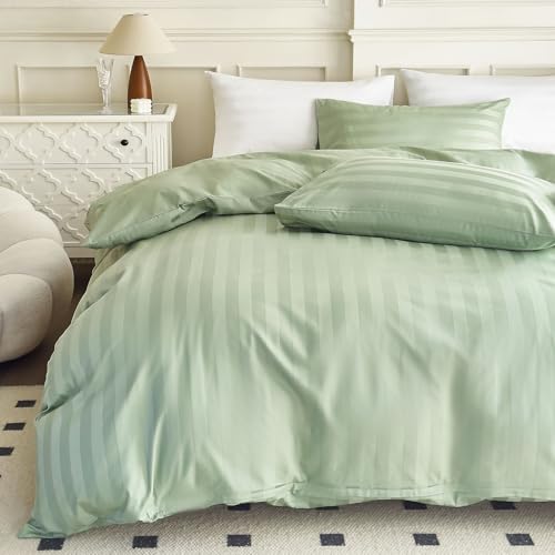 KEAYOO Ropa de cama de satén con rayas, de algodón, suave, transpirable y con cremallera (verde, 135 x 200 cm + 80 x 80 cm)