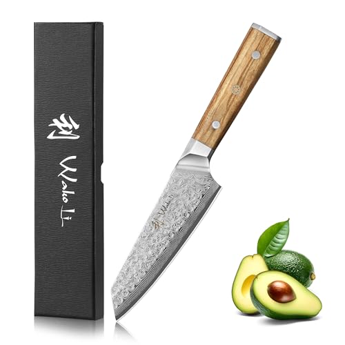 Wakoli Oribu Kiritsuke Messer aus echtem Damaststahl (VG10 Kern) mit 15 cm Klinge – Scharfes Küchenmesser und präzises Kochmesser für alle Schnitte – Damastmesser mit Olivenholzgriff in Geschenkbox