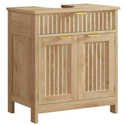 TEENFON Pedestal Sink Storage Cabinet with 2 Doors and Drawer Bathroom Sink Cabinet with U-Shape Cut-Out Fluted Pedestal Sink Cabinet Natural Oak