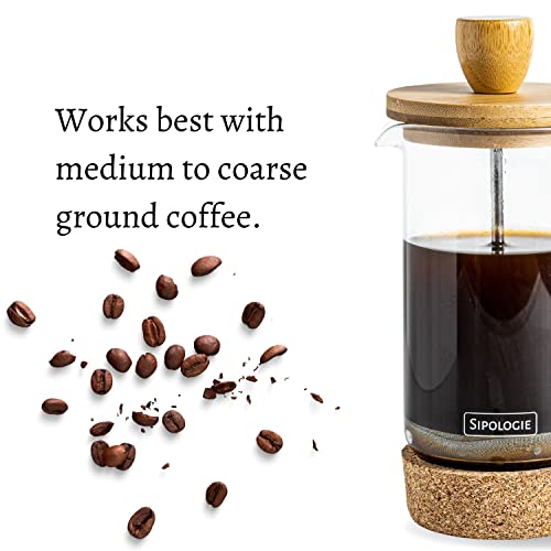 Image of Sipologie Kumaon French Press Coffee Maker 350ml I Nature Inspired Wooden Lid and Cork Base | Premium Heat Resistant Borosilicate Glass I With Coffee Spoon and Extra Filter Mesh | 1 Cup