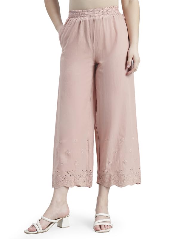 Image of GO COLORS Women Cotton Hakoba Wide Pant Ankle Length, Floral Embroidery, Relaxed Fit, Mid-Rise with Side Pocket