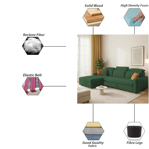 Image of Casaliving Gagnon LHS 4 Seater L Shape Corner Sofa Cum Bed for Living Room (Green Fabric) Premium Fabric Sofa