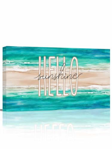 Hello Sunshine Modern Canvas Wall Art 12x24 inch, Summer Teal