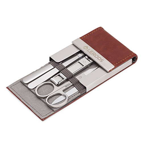 Lerods Manicure Set - Stainless Steel Manicure Kit with Leather Travel Case and Box - 5 Piece Nail Tools