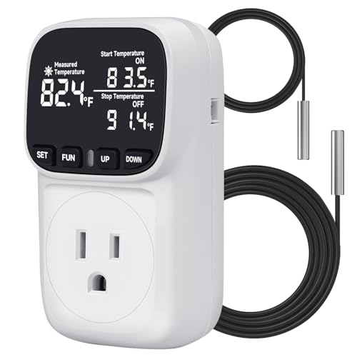 COMYAN Temperature Controlled Outlet , 15A/1800W Digital Thermostat Outlet, Cyclic Timing/Countdown, -40℉~210℉ VA Display Heating Cooling Control Timer with 2Pcs Probe Cable for Reptile Incubator