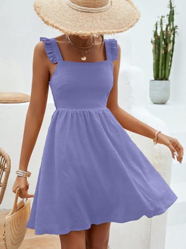 Image of SISKIN Women's Summer Spaghetti Strap Sleeveless Square Neck Ruffle A Line Swing Mini Dress 2025