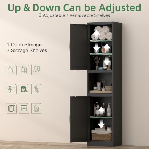 Image of Bathroom Storage Cabinet, 67 inch H Tall Bathroom Storage with Shelves and Doors, Narrow Bathroom Storage Cabinet for Home, Metal Slim Storage Cabinet, Black