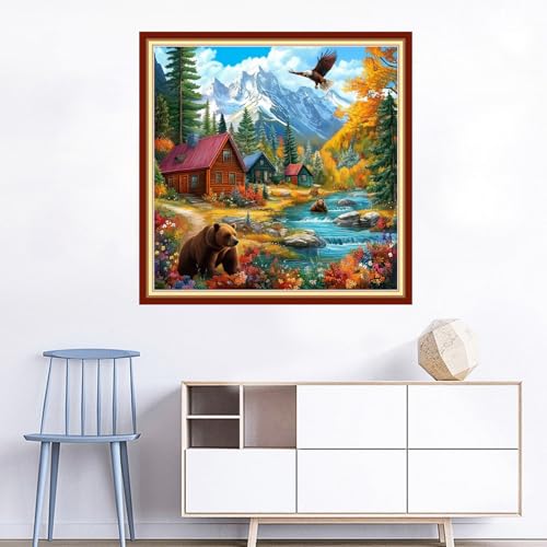 Image of Joyhoor Cross Stitch Kits for Beginners Stamped Cross-Stitch Supplies Needlework preprint Embroidery Kits for Adults DIY Needlepoint Kits Embroidery Patterns 11CT-Beautiful Home 18x18 inchs