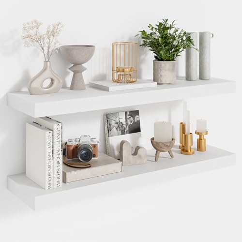 Feihorrm Schweberegal, Wandregal 2er Set, Regal 60cm Breit, Wandregale 16.5cm Tief, Regal Wand aus MDF Holz, für Badezimmer, Schlafzimmer, Küche, Wohnzimmer, Weiß, 60 x 16.5 x 3.1 cm