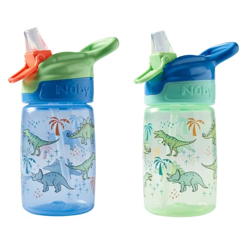 Nuby Incredible Gulp Water Bottle - No Spill Active Toddler Sippy Cup | 360ml / 12oz | Carry Handle | Dishwasher and Microwave Safe | Suitable Beaker for 18 Months Plus (Jurassic Pack of 2)