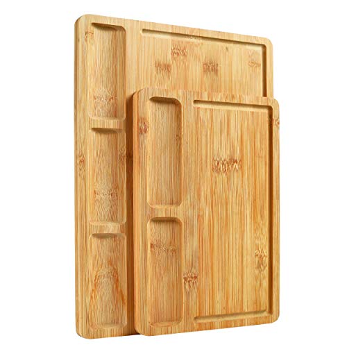 HHXRISE Large Organic Bamboo Cutting Board(2 Piece Set) For Kitchen, With Built-In Compartments And Juice Grooves, Heavy Duty Chopping Board Serving Tray, Butcher Block, Carving Board, BPA Free