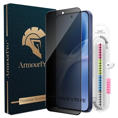 Image of ArmourPro Privacy Tempered Glass for Vivo V70 FE, Anti Spy Anti Peeping Screen Protector, Edge-to-Edge Full Coverage, 9H Hardness with Cable Protector | Black