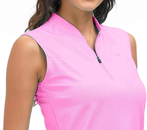 Golf Polo Shirts For Women Slim Fit Woman Sleeveless Sports Shirts Quick Dry Athletic Tank Tops For Tennis Work With Zipper Pink #TOP3