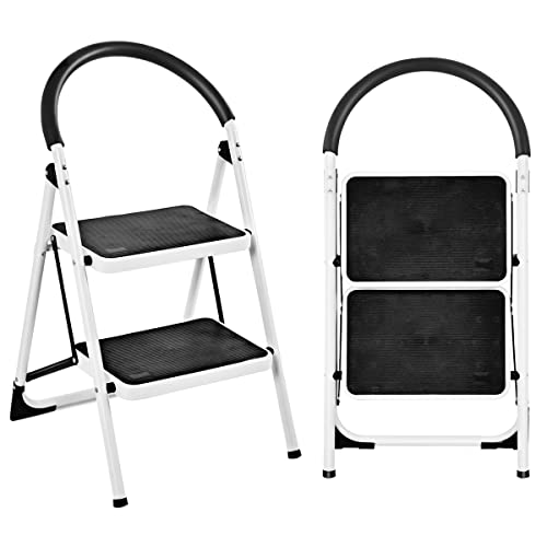GIANTEX Escabeau Pliable à 2/3/4 Marches Antidérapant, Marchepied Pliant Portable, Echelle Domestique Pliable en Metal avec Barre de Sécurité, Charge 150 kg (2 Marches)
