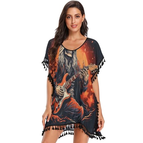Christmas Skull Red Guitar Women's Beach Cover Up Chiffon Tassel Swimwear Swimsuit Coverups for Girl