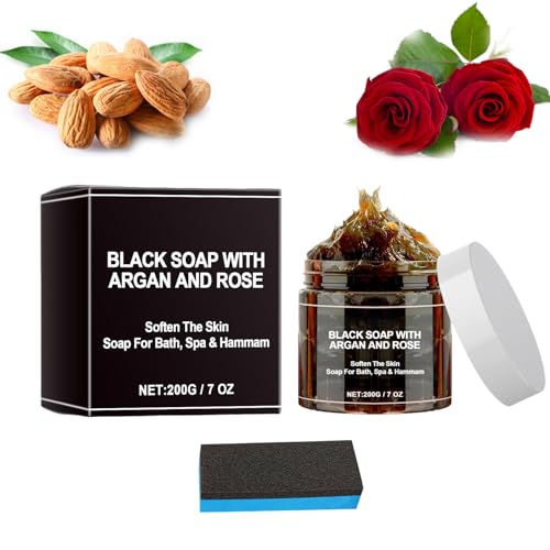 Marruecos Black Soap, Exfoliante corporal Marruecos con esponjas, con aceite de argán y rosa, jabón negro para exfoliar el cuerpo, aroma calmante y efecto calmante, para todos los tipos de piel (1
