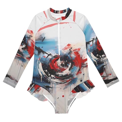 ALAZA Swimsuit for Girls Long Sleeve Rashguard Bathing Suit Geometric Abstract 4 Quick Dry 4T