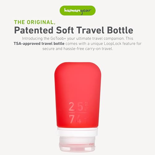 Image of humangear GoToob+ (Medium) | Refillable Silicone Travel Bottle | Locking Lid | Food-Safe Material | Red, Medium (2.5 fl.oz.; 74ml)