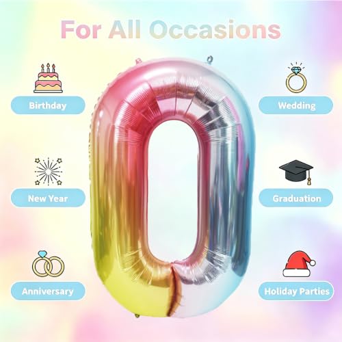 Image of Rainbow Number Balloons Birthday Balloons - Giant Number 0 Balloon 40 inch, Numbers Balloon Birthday Decorations, Rainbow Party Supplies for Baby Shower