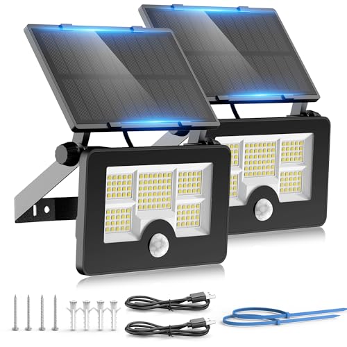 Image of OHAYORI Solar Security Lights Outdoor Motion Sensor, 122LED 4 Modes USB Rechargeable Solar Powered Wall Light for Garden, 2200mAh IP65 Waterproof Solar PIR Fence Lighting for Street Flood 2 Pack