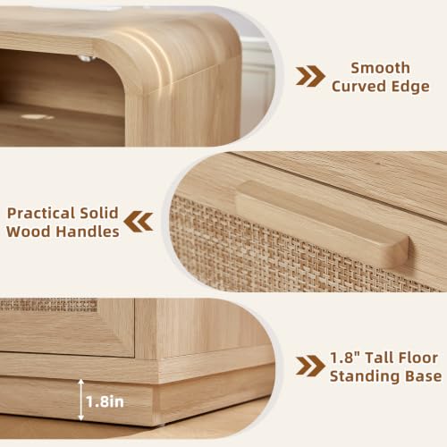 Image of LEYAOYAO Rattan Nightstands Set of 2 with Charging Station, Natural | 23.6 inch Curved 2 Drawers Nightstand with Storage Shelf & Solid Handle, Boho Bedside Tables for Bedroom, Living Room