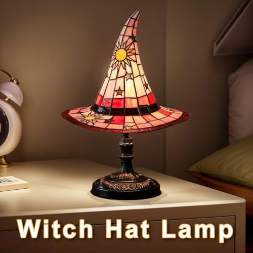 Image of Witch Hat Lamps, Handcrafted Stained Glass Resin Wizard Hat Light Gothic Table Lamp for Halloween Decor, Spooky Night Light for Bedroom and Indoor Parties, Unique Wiccan Gift