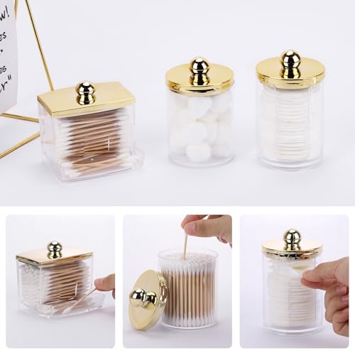 Image of Tbestmax 3 Pack Qtips Dispenser - Bathroom Organizers and Storage Containers, Plastic Apothecary Jars with Gold Lids for Cotton Ball Swab Round Pads, Floss - Gold