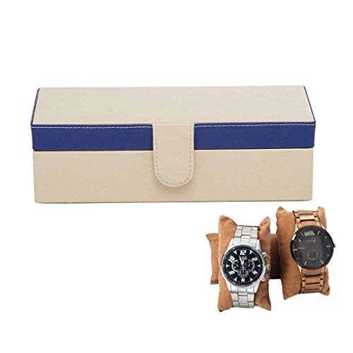 Image of Leather World Watch Box Organizer- 4 Slot Watch Storage Holder Display and Jewelry Case Collection Box Vegan Leather with Blue for Men and Women