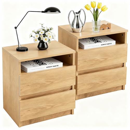 Mingone 2er-Set Nachttische mit 2 Schubladen,Nachtschrank aus Holz,Beistelltisch mit Stauraum Holzfarben für Wohnzimmer, Schlafzimmer