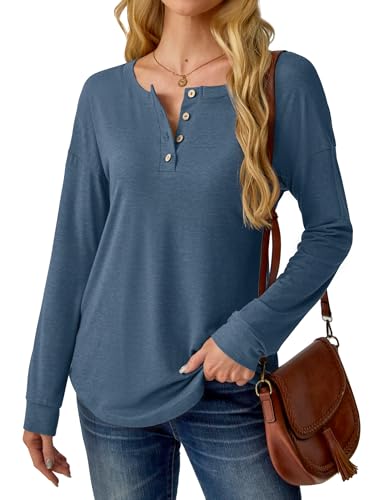 Womens Henley Tops Long Sleeve Shirts Button Pullover Loose Fit Henley Neck Lightweight Tunic Blouse2