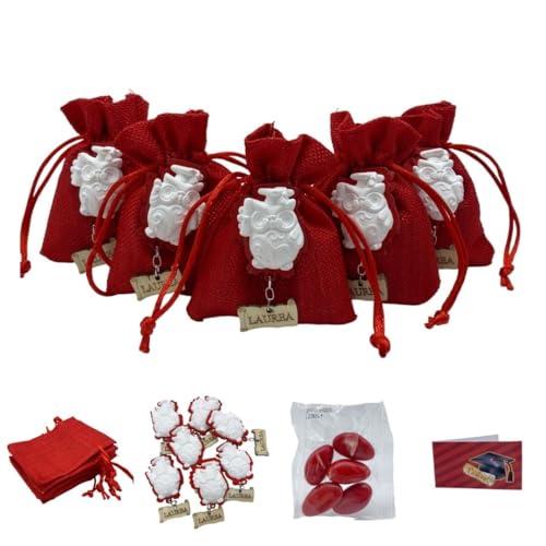 Doni Bomboniere Graduation Favour Set of 12 Red Cotton Bags, 12 Applications Owl Graduation Parchment Touch
