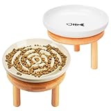 Shallow Elevated Cat Bowls with Bamboo Stand, 5.9 Inch Raised Slow Feeder Cat Bowl and Wide Ceramic Cats Bowls Whisker Friendly, 2 Pack Pet Dishes for Dry and Wet Food Dishwasher Safe
