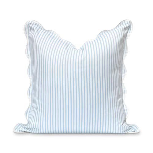 Hofdeco Premium Coastal Patio Indoor Outdoor Scalloped Throw Pillow Cover Only 20x20 Water Repellent for Backyard Couch Baby Blue Print Stripes