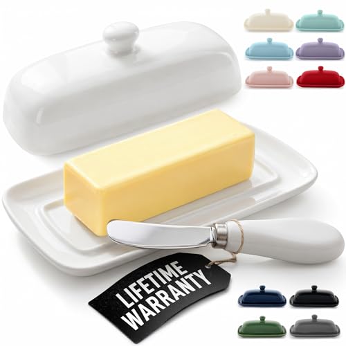 Zulay Kitchen Ceramic Butter Dish with Lid For Countertop & Stainless Steel Knife – Keeps Butter Soft & Fresh – White Butter Dish with Easy-Grip Knob, Durable & Everyday Butter Holder for Home - White