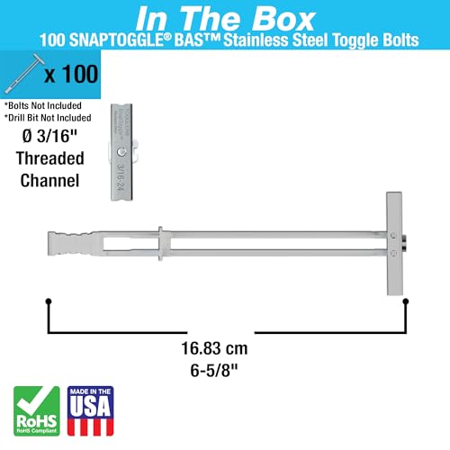 Image of TOGGLER SNAPTOGGLE BAS Toggle Anchor, 304 Stainless Steel Channel, Made in US, 3 /8 inch to 3-5 /8 inch Grip Range, For 3 /16 inch-24 UNC Fastener Size (Pack of 100)