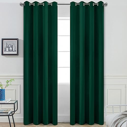 Yakamok Blackout Curtains Room Darkening Thermal Insulated Window Panels,Solid Grommet Top Drapes for Bedroom/Living Room(52Wx90L, Dark Green, 2 Panels)