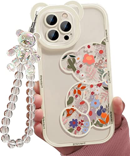 Shinymore Compatible with iPhone 12 Pro Max Case Cute Flowers Bear Camera Protector Clear Case with Lovely Strap Bracelet Chain Girls Women Case for iPhone 12 Pro Max